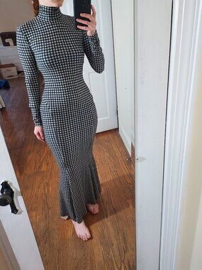 Norma Kamali Black White Houndstooth Long Sleeve Gown Dress